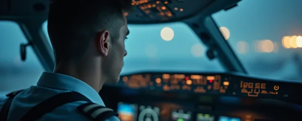 Pilot in cockpit with visual elements representing aviation insurance and license protection