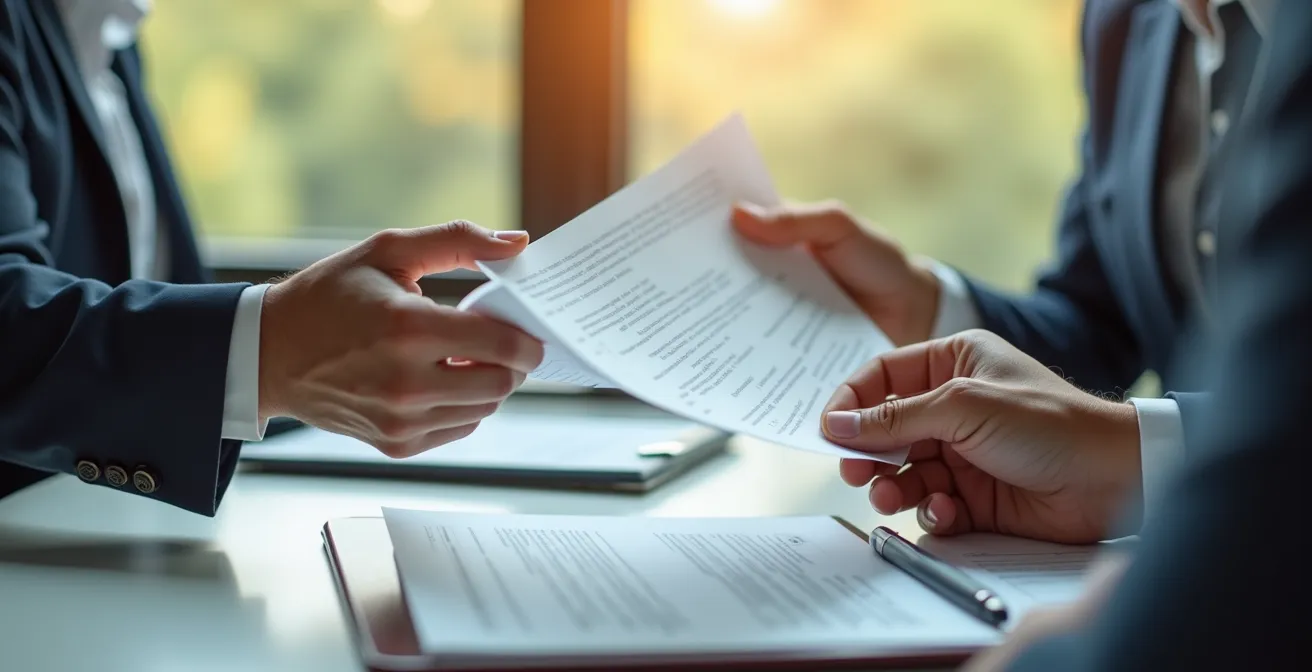 Visual metaphor of claim process with documents and handshake