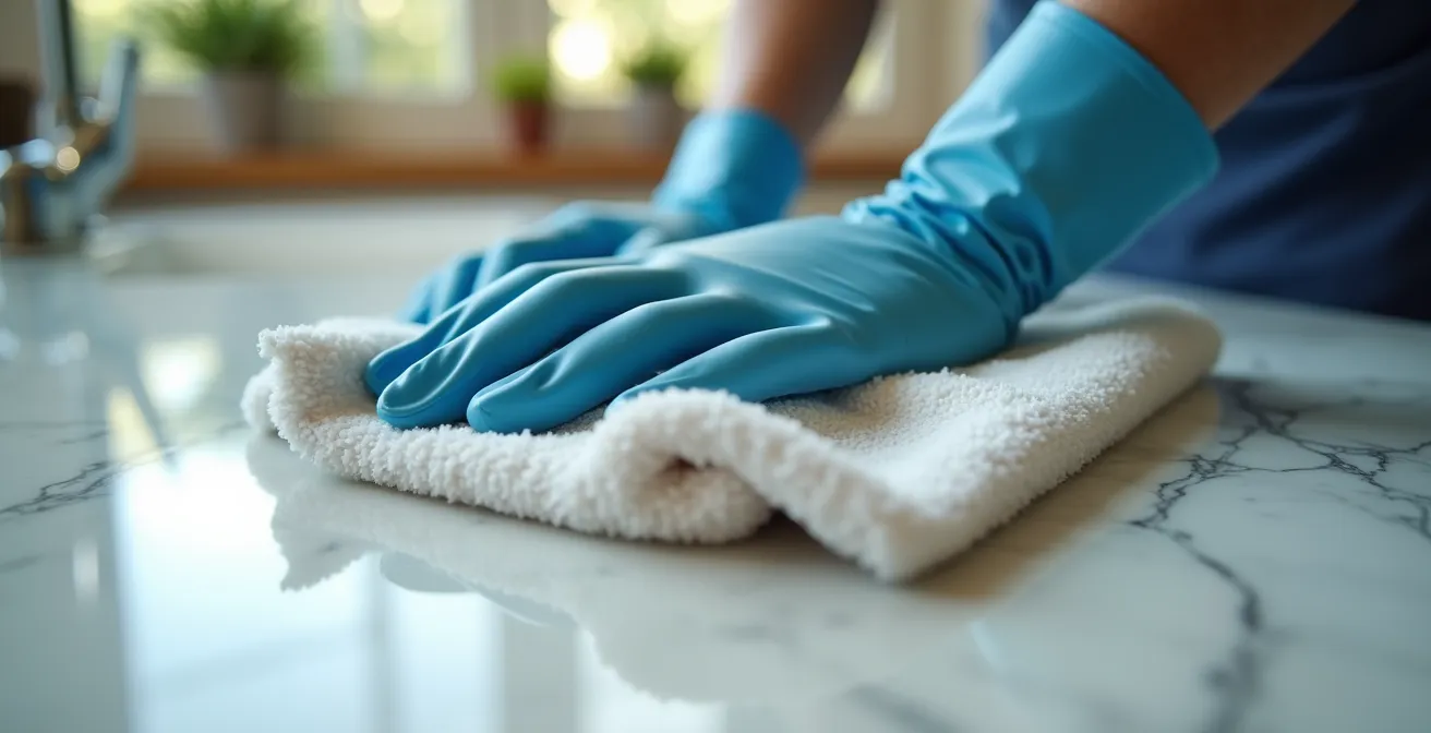 Close-up of gloved hands working on intricate surface cleaning