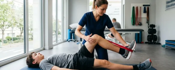 Un kinésithérapeute guide un jeune sportif lors d'un exercice de renforcement musculaire du genou dans une salle de rééducation moderne et lumineuse