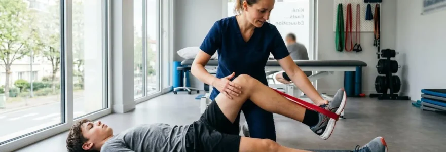 Un kinésithérapeute guide un jeune sportif lors d'un exercice de renforcement musculaire du genou dans une salle de rééducation moderne et lumineuse