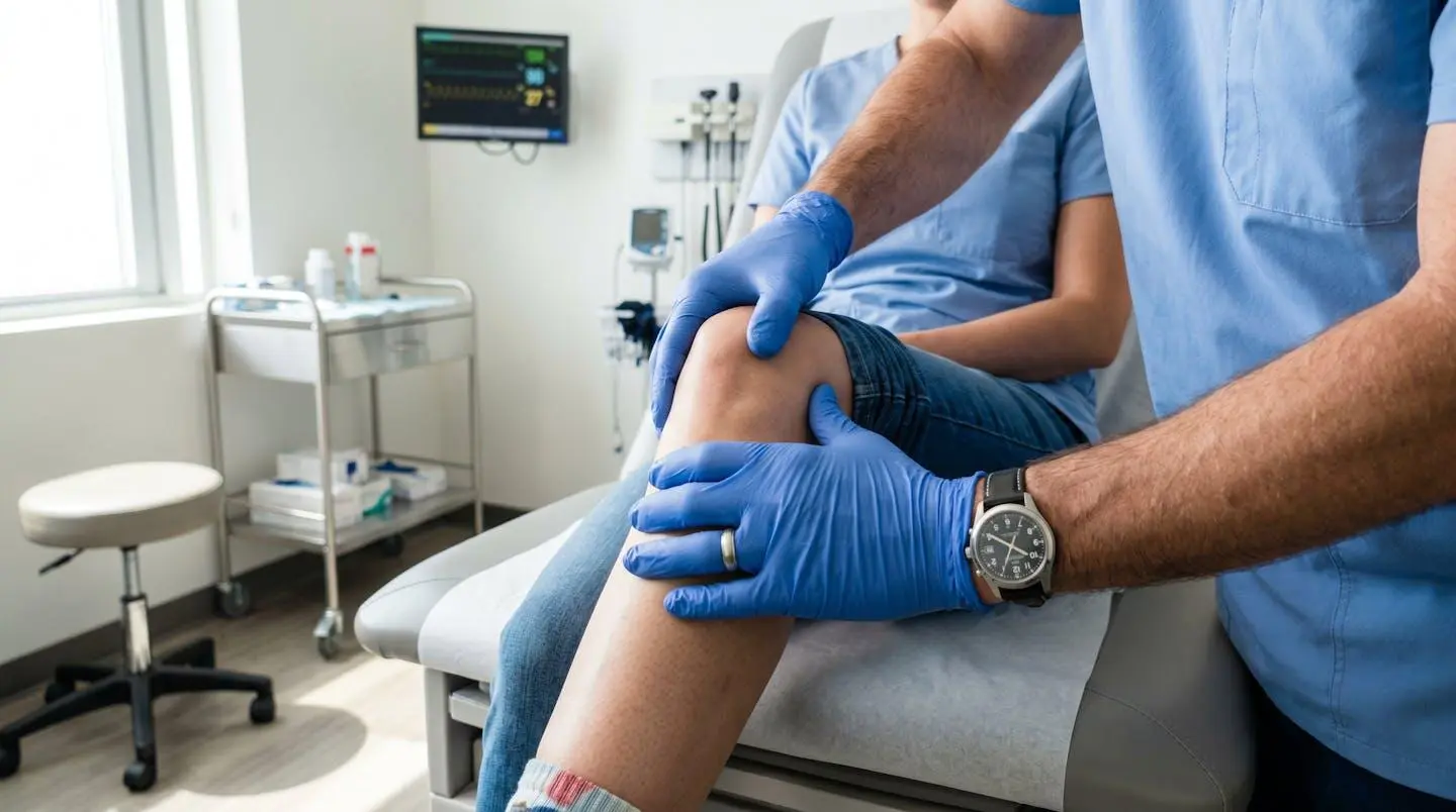 Gros plan sur les mains d'un médecin effectuant un test de mobilité sur le genou d'un patient lors d'un examen clinique