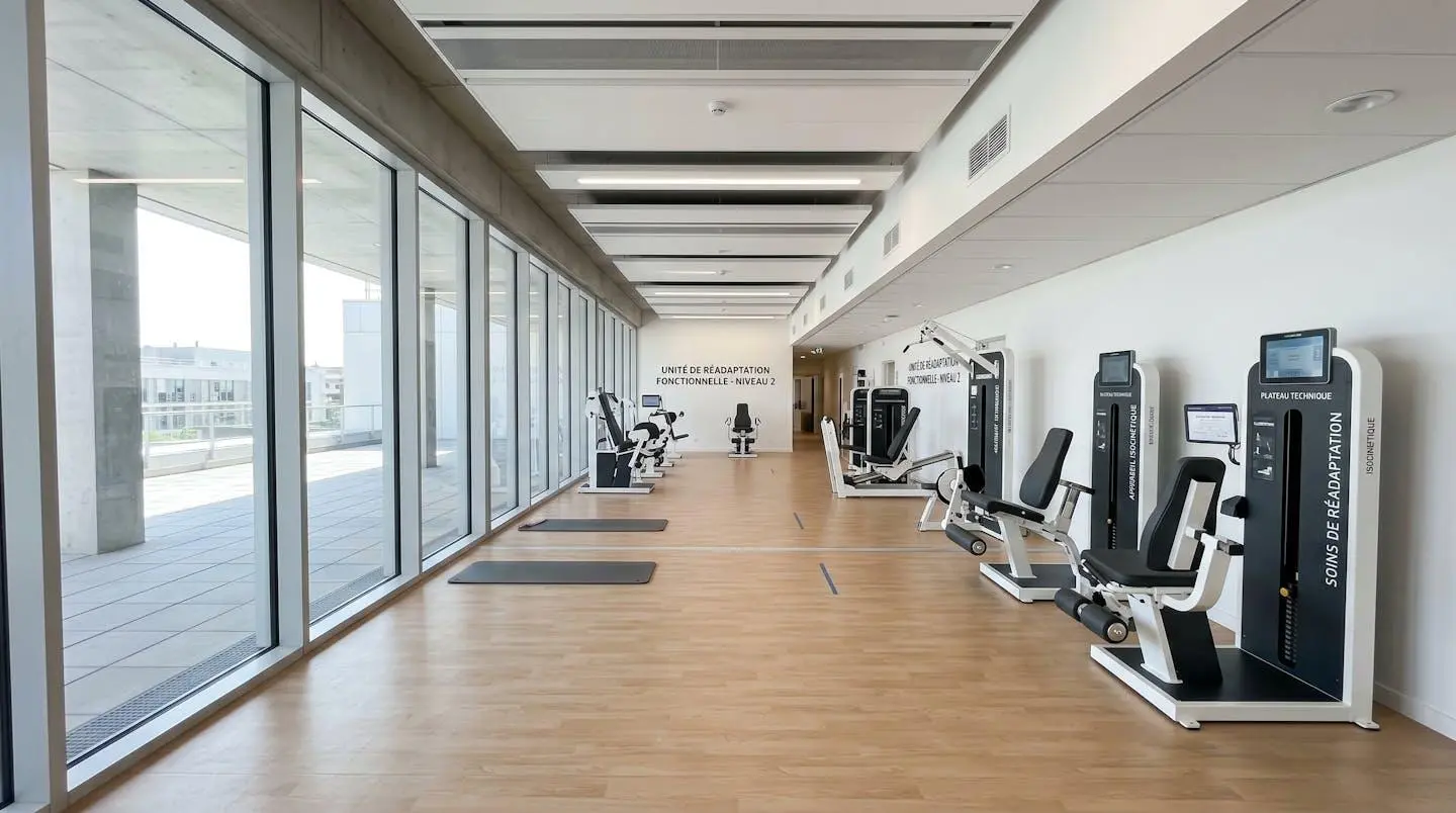 Vue large d'une salle de rééducation contemporaine équipée de machines de renforcement musculaire, baignée de lumière naturelle, sans présence humaine au premier plan