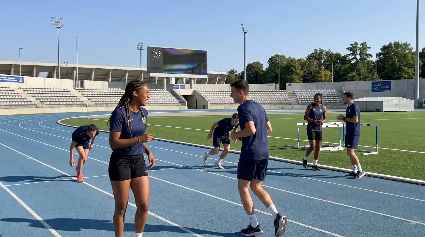 Groupe de joueurs en tenue de sport collectif s'entraînant sur un terrain extérieur lors d'une séance dynamique