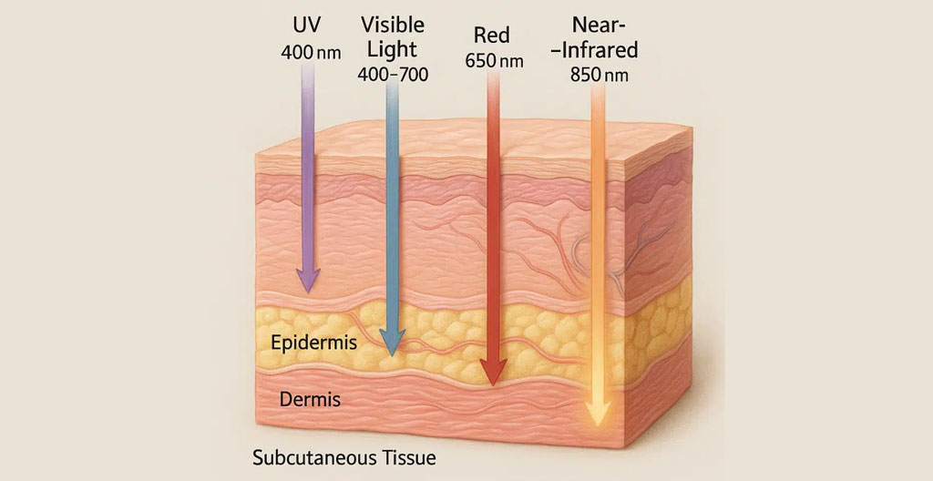 Technical diagram showing UV wavelength penetration through skin layers