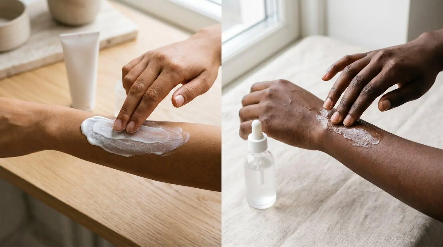 Side-by-side comparison of chemical and mineral sunscreen textures on skin