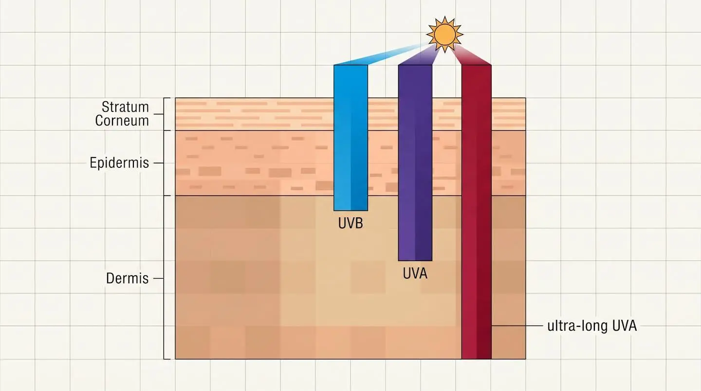 Technical diagram showing UV wavelength penetration through skin layers