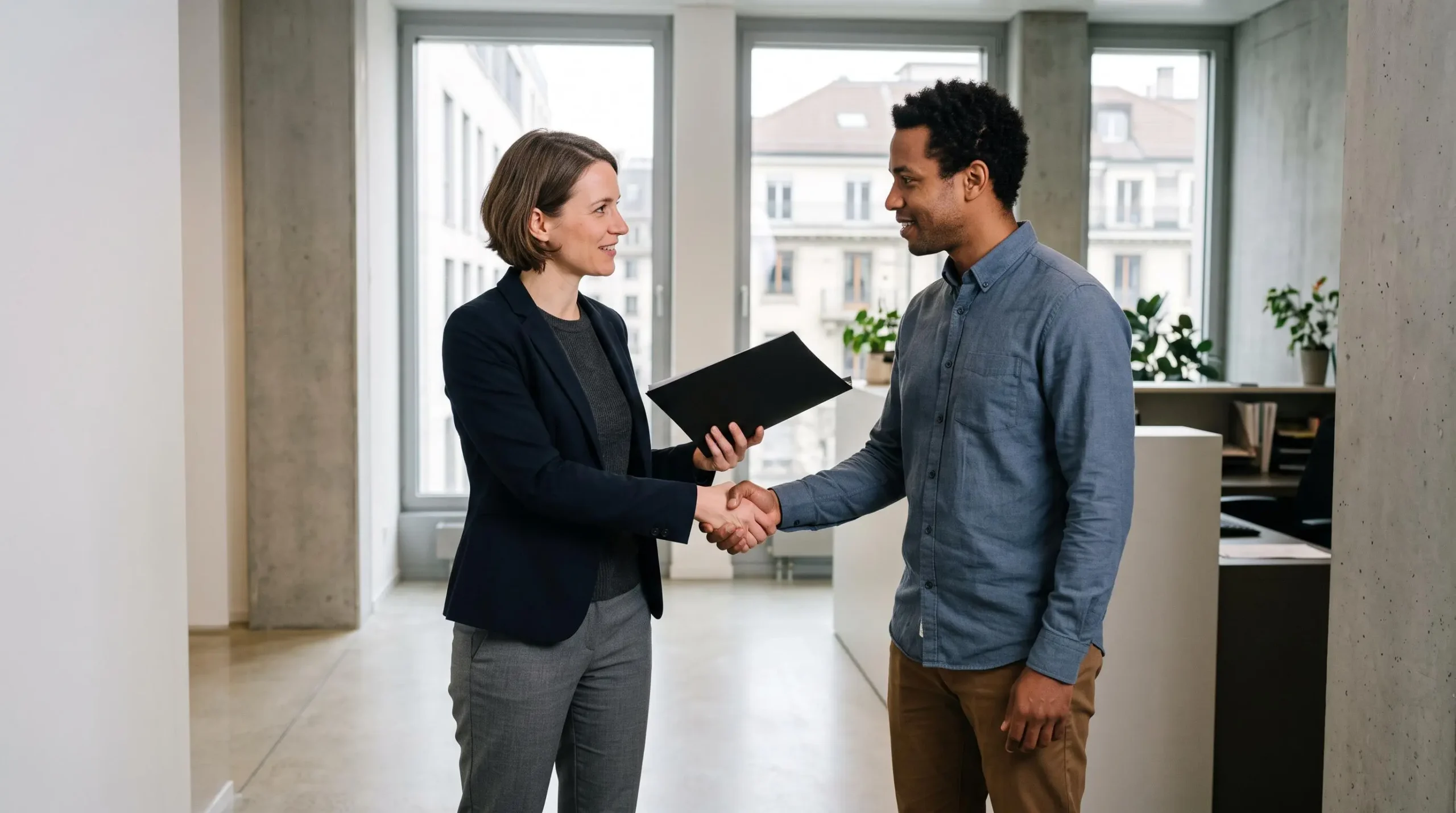 HR compliance specialist welcoming a new employee with a handshake in a bright Swiss office.