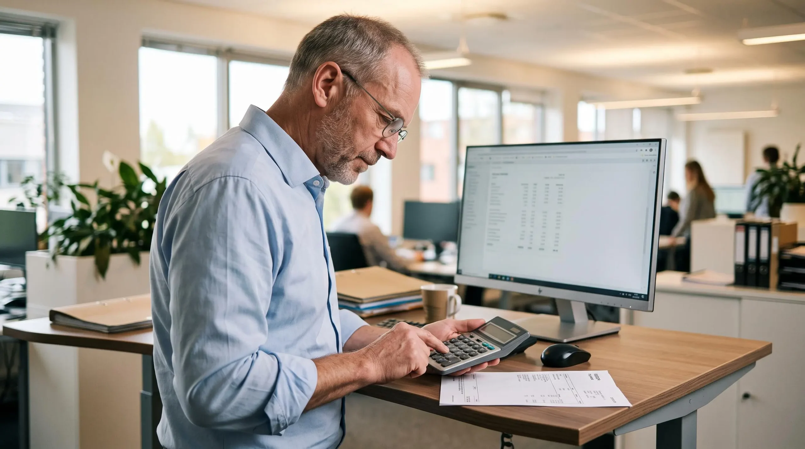 A payroll specialist checking a payslip against figures at a standing desk in a Swiss office.