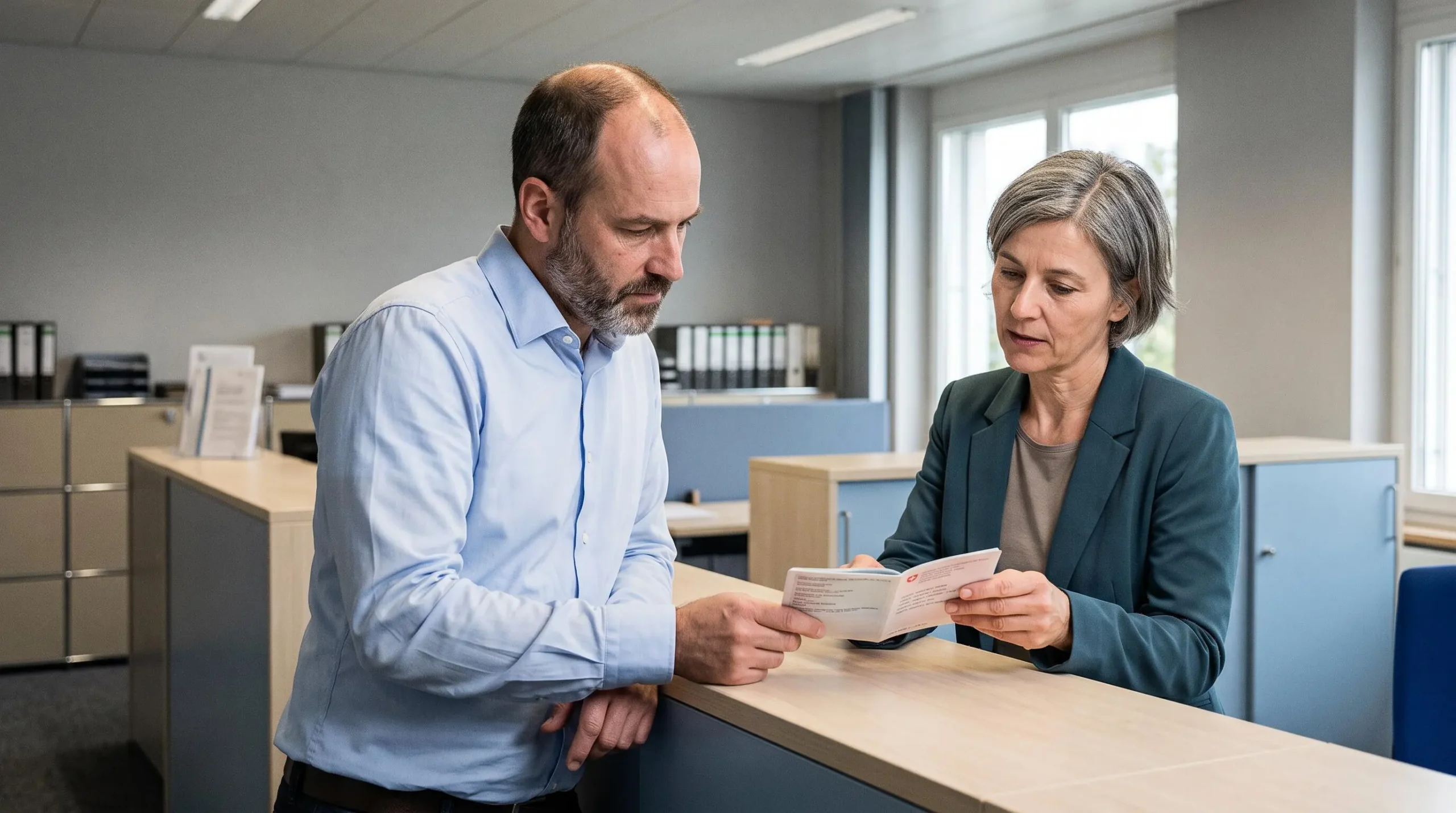 A man presenting a permit document to a civil servant at a Swiss administrative office counter.