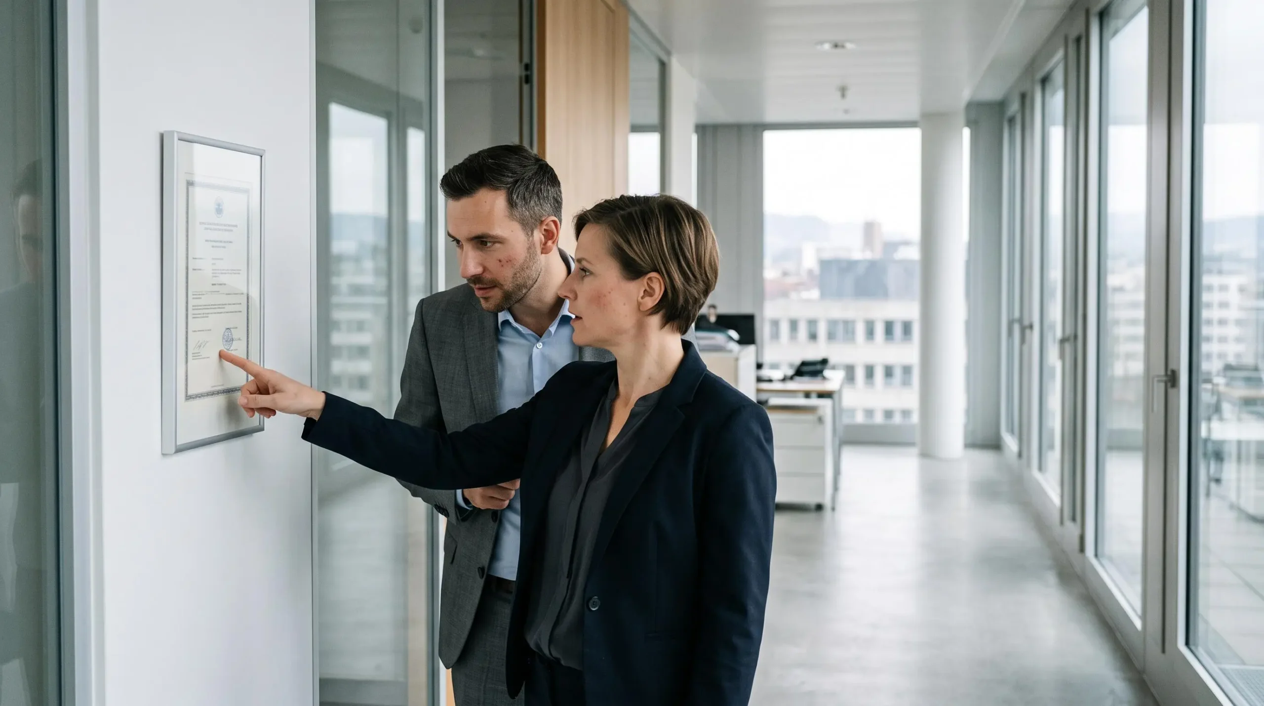 Two professionals verifying a licence certificate on an office wall in a modern Zurich corridor.
